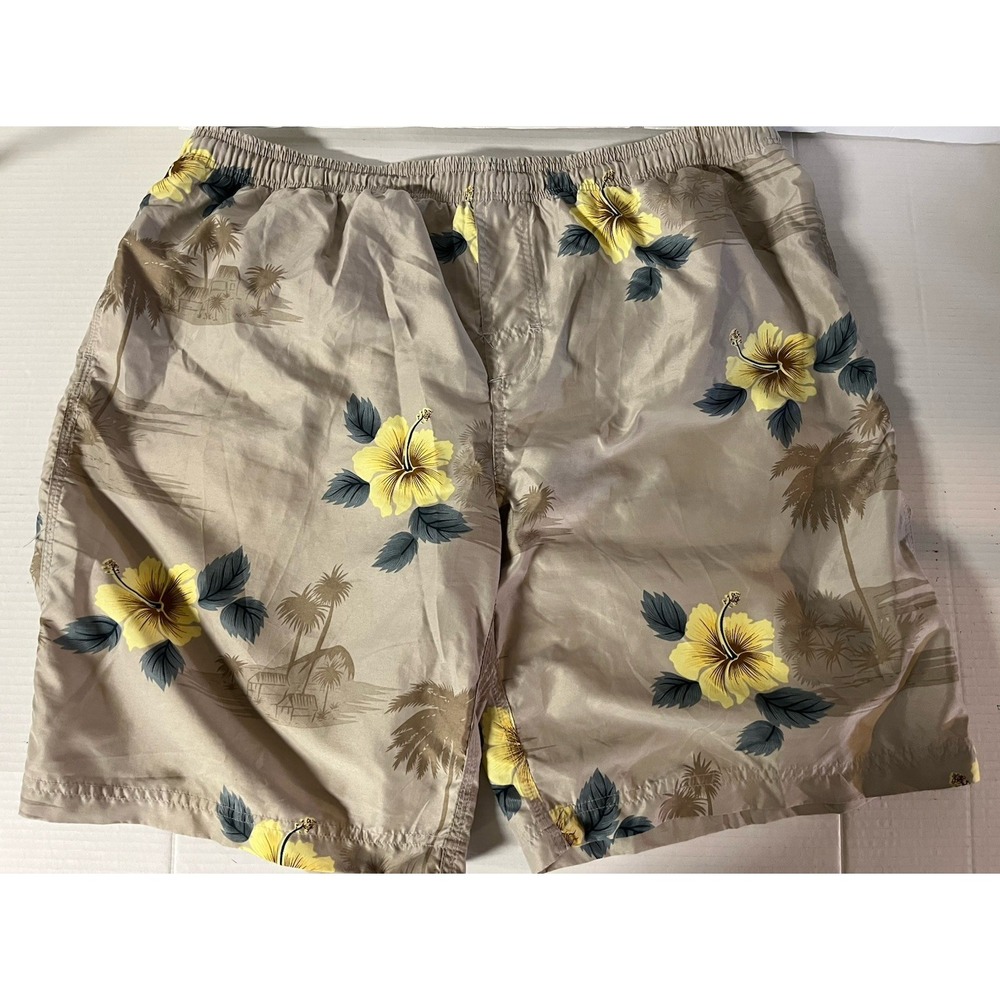 Unbranded Swim Trunks Mens XL Tan Tropical Hibiscus Palm Tree Board Shorts